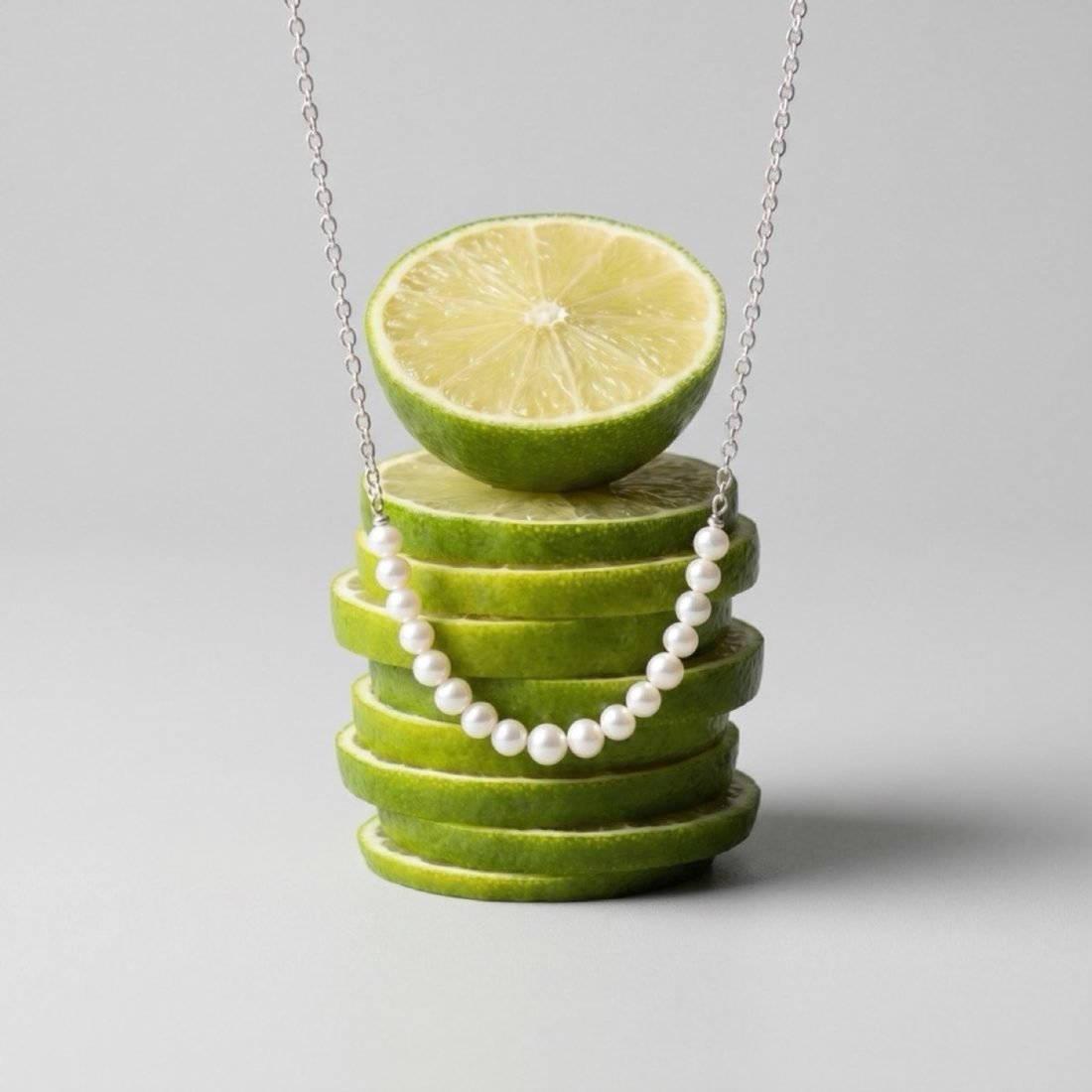 Pearl necklace draped over lime slices, studio campaign